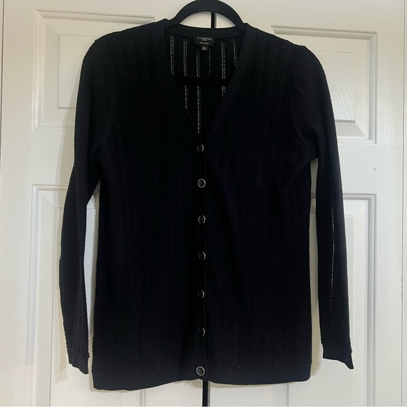 Talbots Women Cardigan Petite Small Black Pima Cotton Pointelle Knit Button Up - Picture 3 of 6